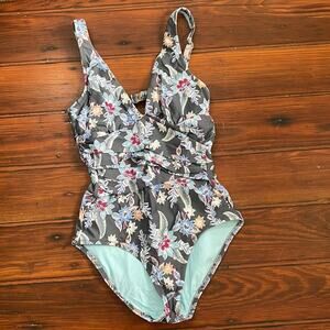 Helen Jon floral ruched stomach slimming V-neck one piece swimsuit sz XS